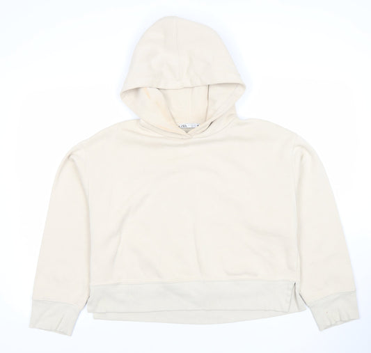 ZARA Women Beige Hooded Pullover Sweatshirt Size M Cotton Blend