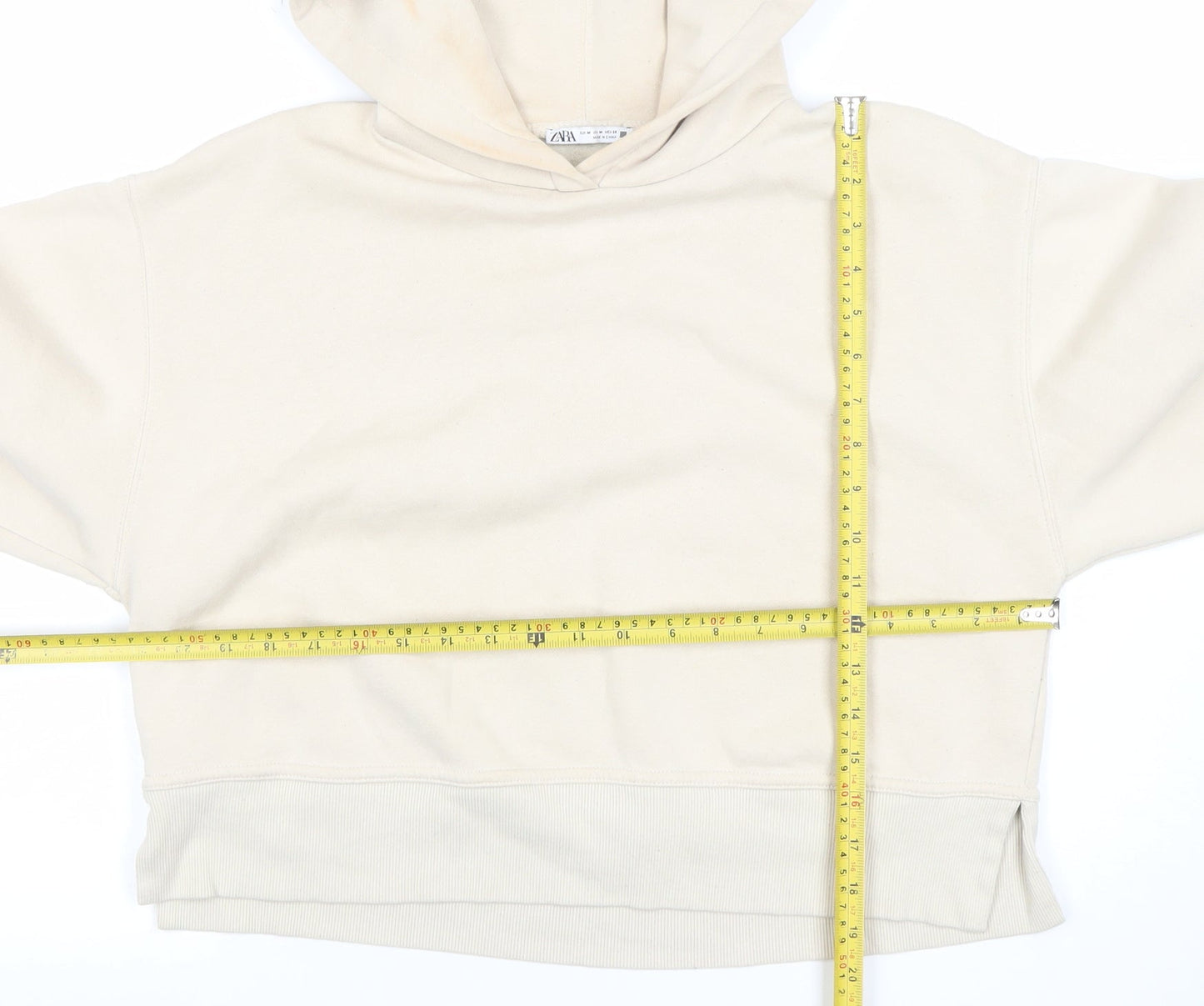 ZARA Women Beige Hooded Pullover Sweatshirt Size M Cotton Blend