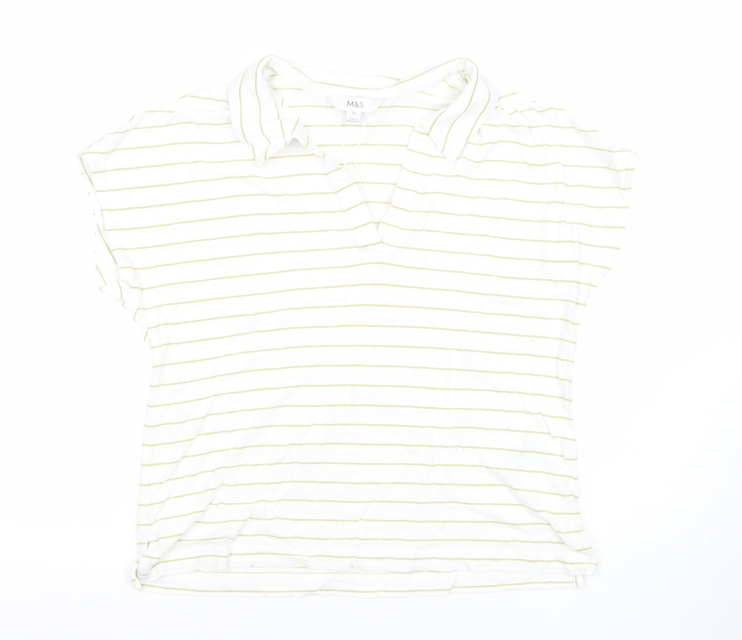 Marks and Spencer Women’s White Striped Collared Polo Top Size 10 Linen Blend