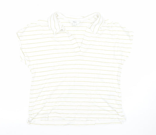Marks and Spencer Women’s White Striped Collared Polo Top Size 10 Linen Blend