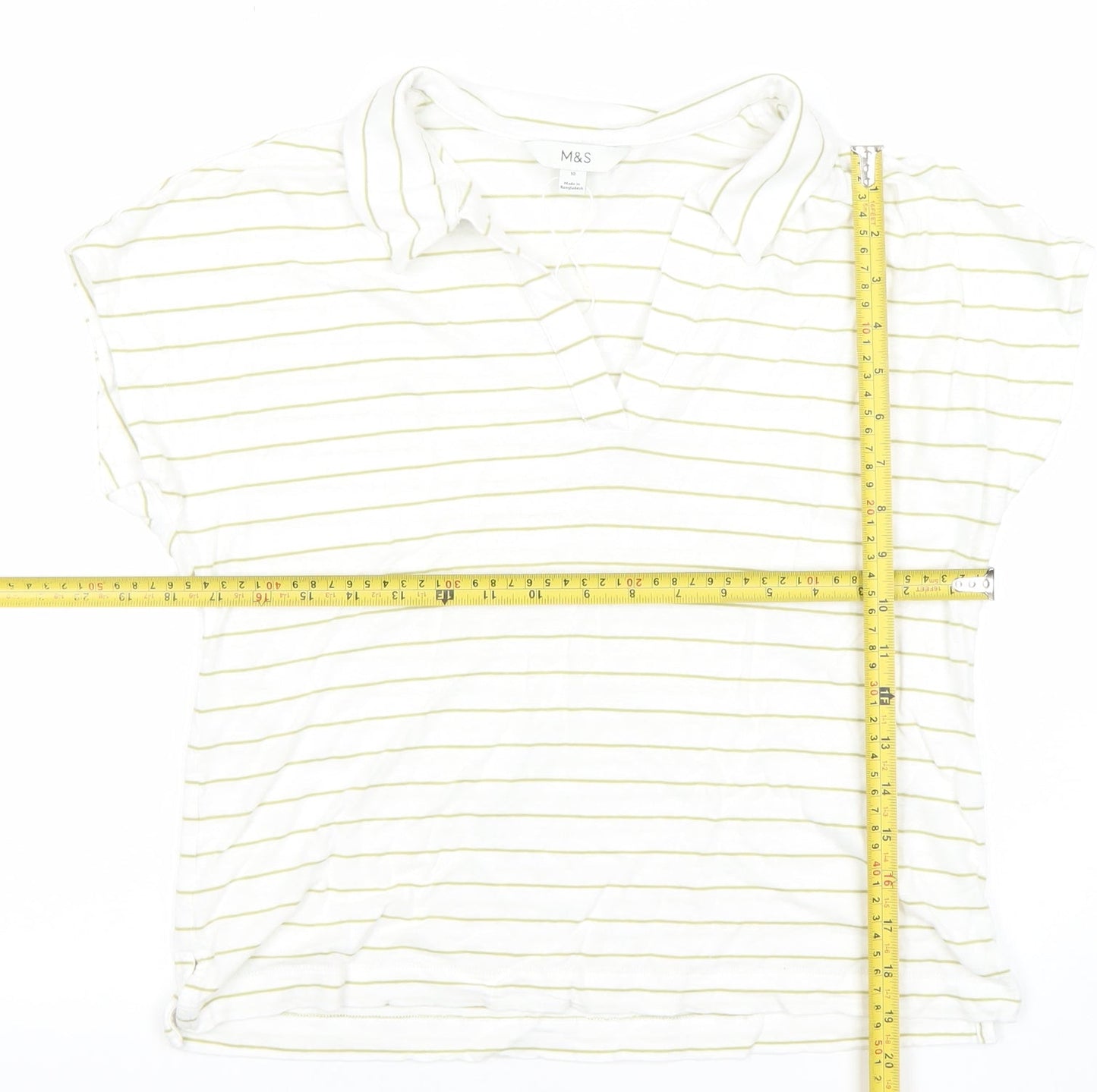 Marks and Spencer Women’s White Striped Collared Polo Top Size 10 Linen Blend