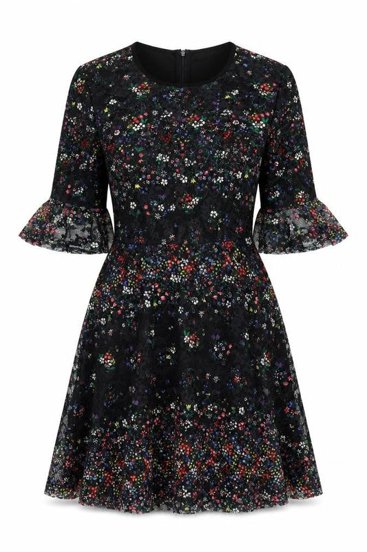 Oasis Women Black Floral Lace Fit & Flare Dress M Knee Length