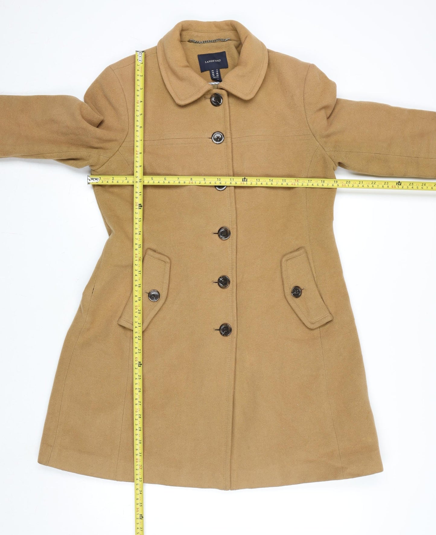 Lands' End Women's Beige Wool Cashmere Blend Mid-Length Pea Coat Size 12 Petite