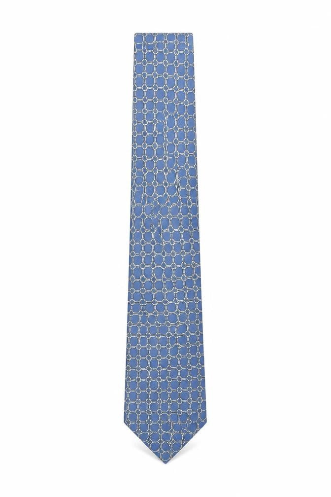 James Meade Men's Blue Geometric Silk Tie Made in England