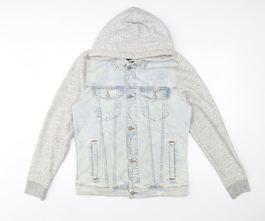 Hollister Men Blue Denim Hooded Jacket Size M Cotton Blend Casual