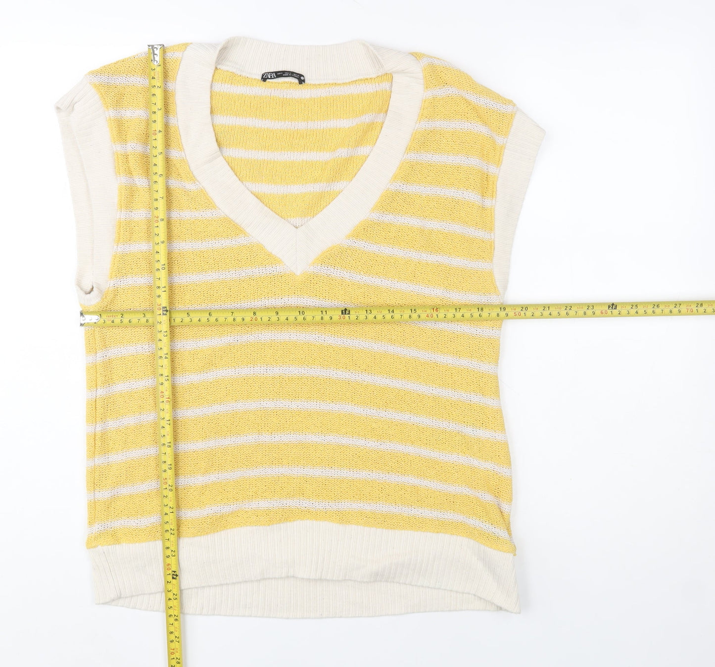 Zara Women Yellow Striped V-Neck Knit Sleeveless Vest S