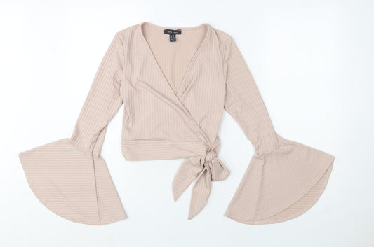 New Look Women’s Beige Wrap Tie Flared Sleeve Blouse Size 10