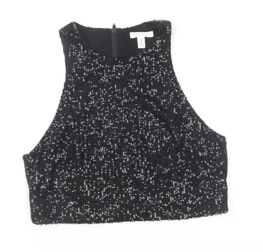 H&M Women Black Sequin Cropped Tank Top Size 12 Partywear