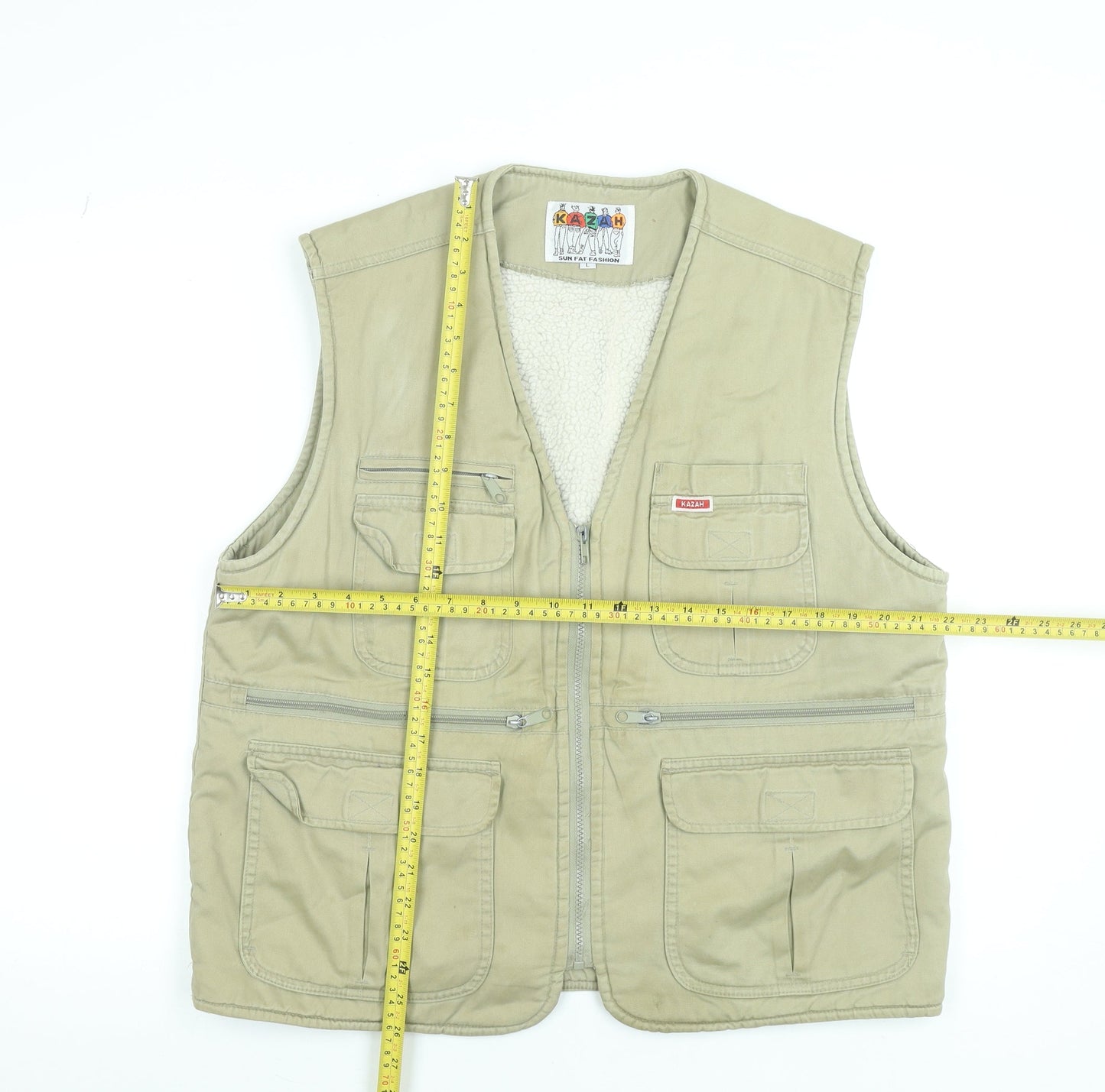 Kazah Men’s Beige Cotton Bodywarmer Waistcoat L Faux Fur Lined Outdoor Vest