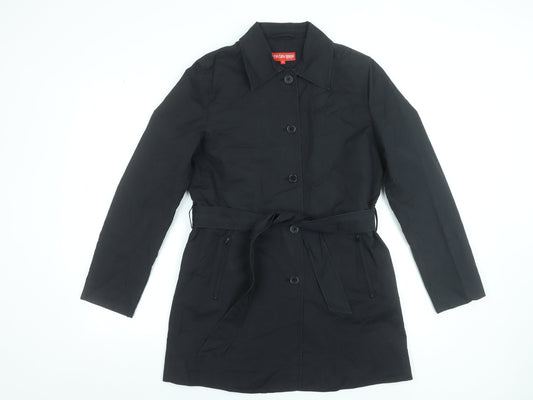 Review Women Black Trench Coat Belted Mid-Length Size 10