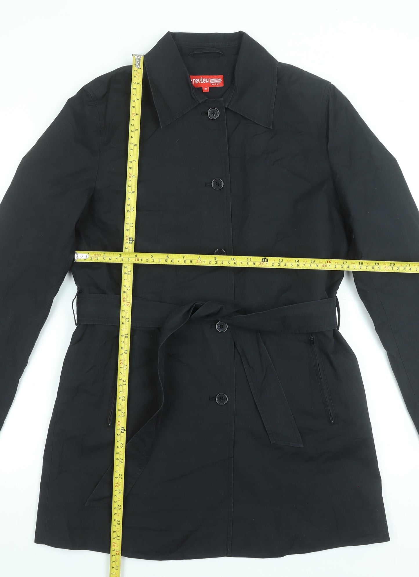 Review Women Black Trench Coat Belted Mid-Length Size 10