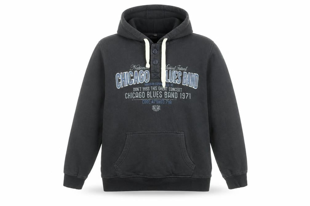 XSIDE Mens Black XL Henley Hoodie with Chicago Blues Graphic