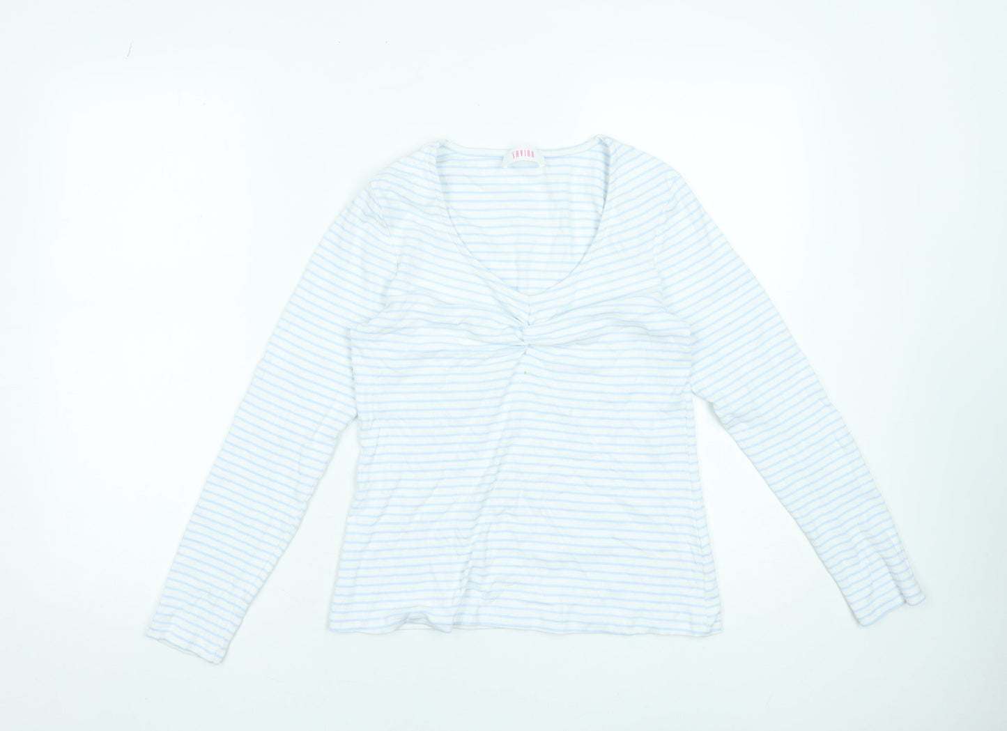 Savida Women's White Striped Long Sleeve V-Neck Cotton Top Size 16