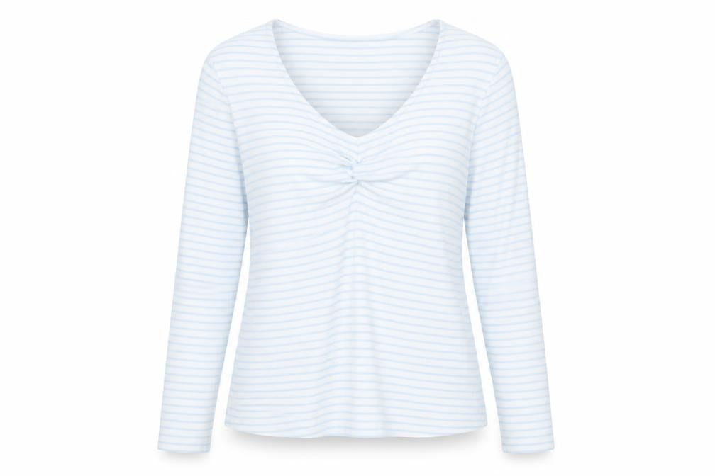 Savida Women's White Striped Long Sleeve V-Neck Cotton Top Size 16