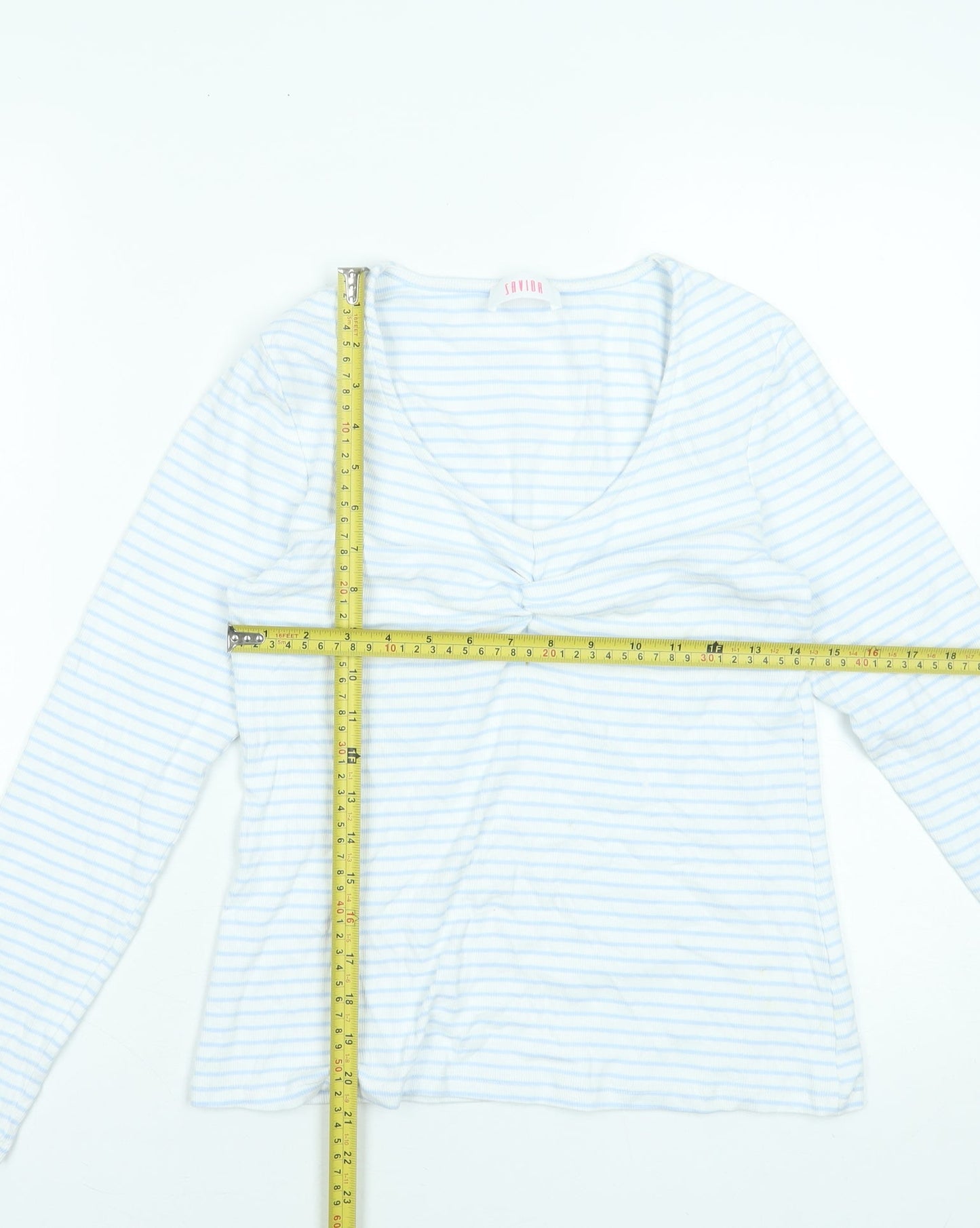 Savida Women's White Striped Long Sleeve V-Neck Cotton Top Size 16