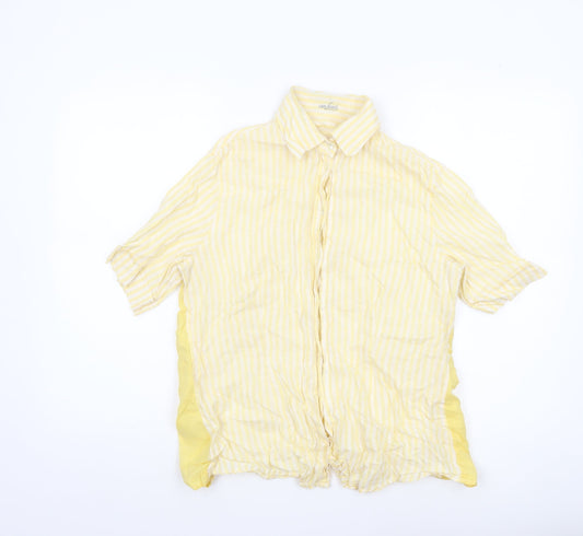 van Laack Women Yellow Striped Linen Short Sleeve Button-Up Shirt Size 12