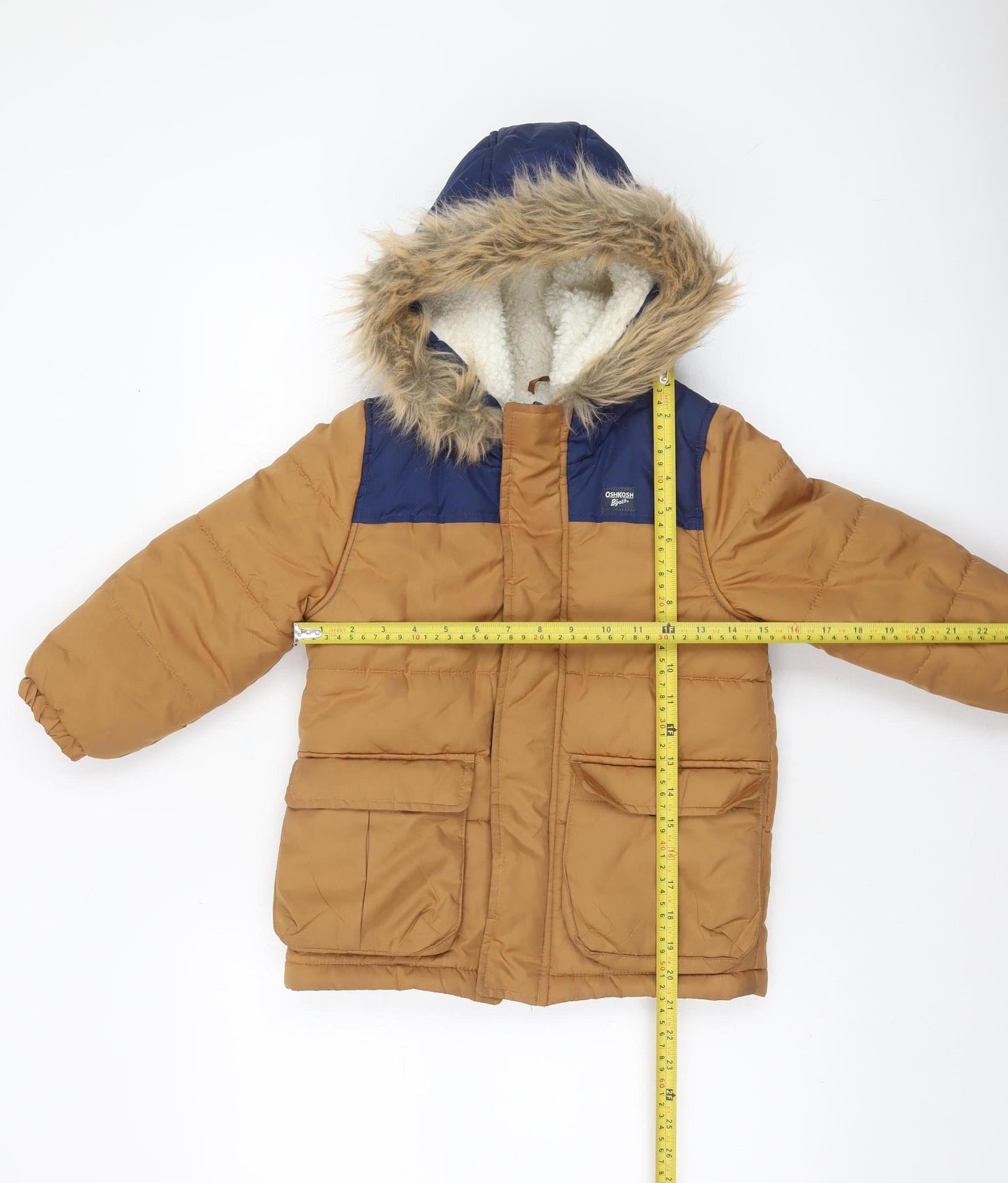 OshKosh B'gosh Boys Brown & Navy Hooded Fur Trim Puffer Jacket 5 Years