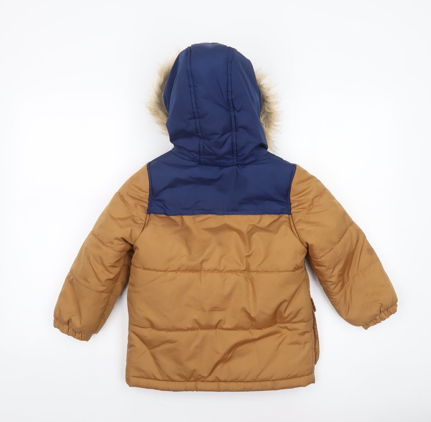OshKosh B'gosh Boys Brown & Navy Hooded Fur Trim Puffer Jacket 5 Years