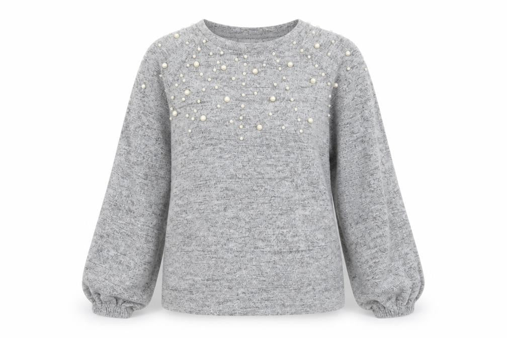 Savida Women Grey Beaded Long Sleeve Pullover Jumper Size L