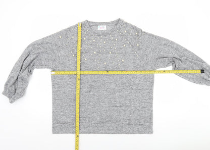 Savida Women Grey Beaded Long Sleeve Pullover Jumper Size L