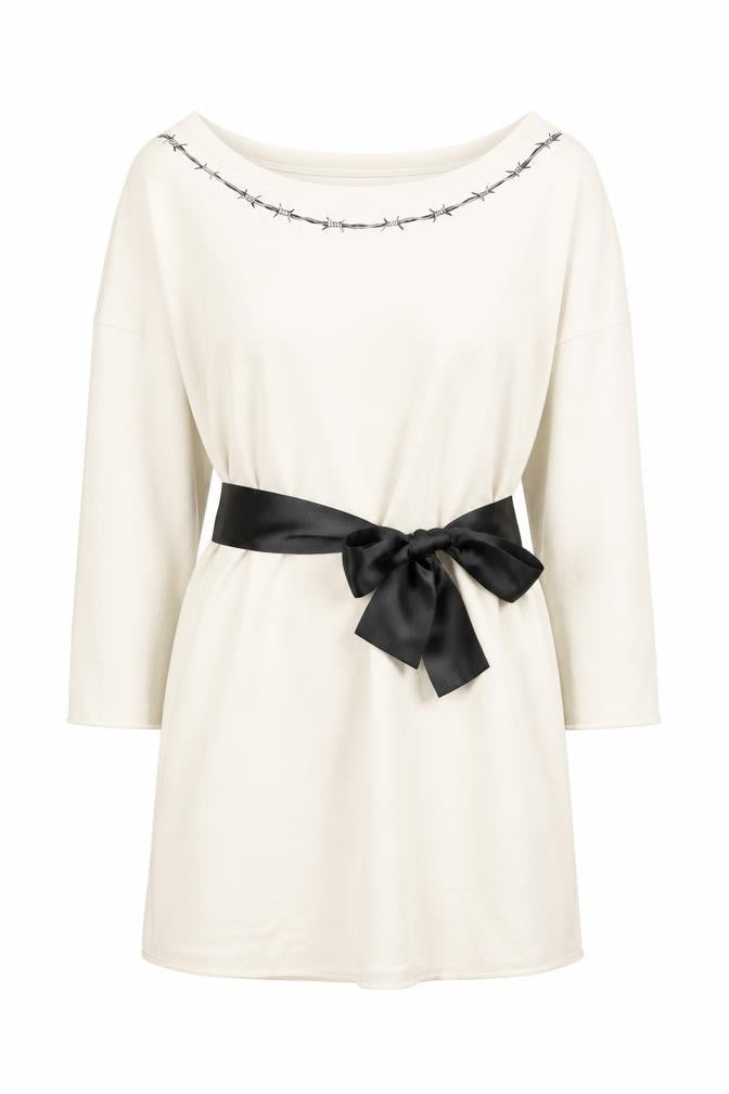 Replay Women Ivory Cotton Shift Dress XS Long Sleeve Belted
