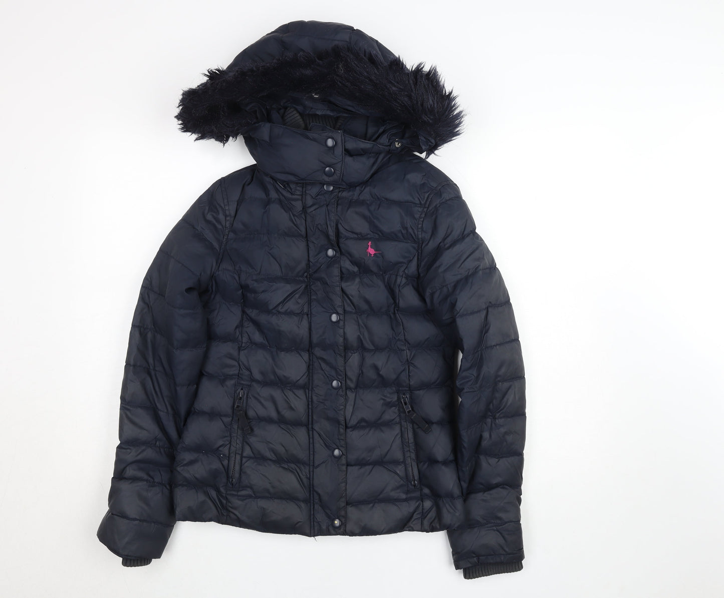 Jack Wills Girls Blue Hooded Puffer Jacket Coat UK 6 Faux Fur Trim Winter