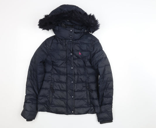 Jack Wills Girls Blue Hooded Puffer Jacket Coat UK 6 Faux Fur Trim Winter