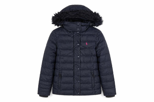 Jack Wills Girls Blue Hooded Puffer Jacket Coat UK 6 Faux Fur Trim Winter