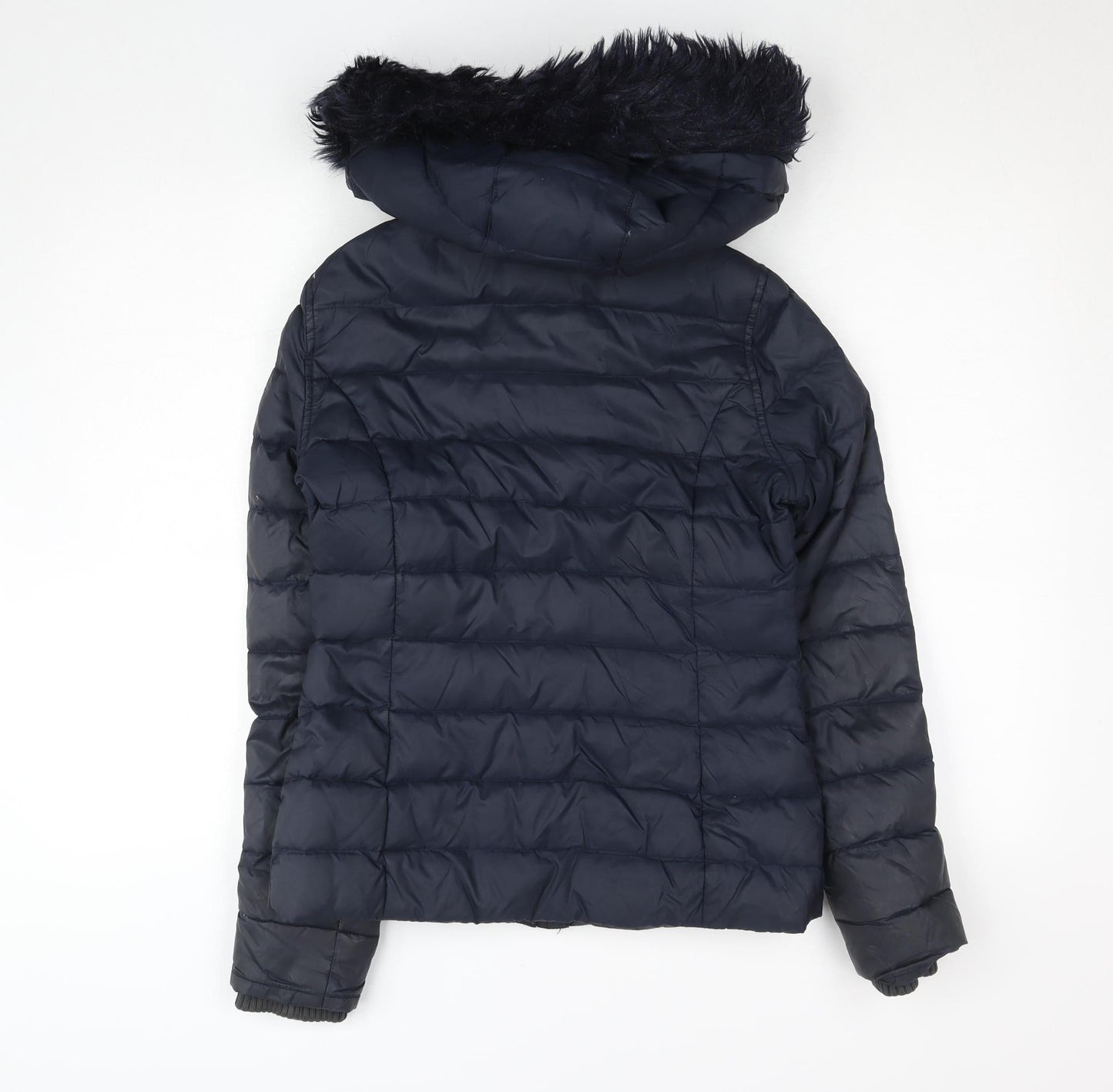 Jack Wills Girls Blue Hooded Puffer Jacket Coat UK 6 Faux Fur Trim Winter