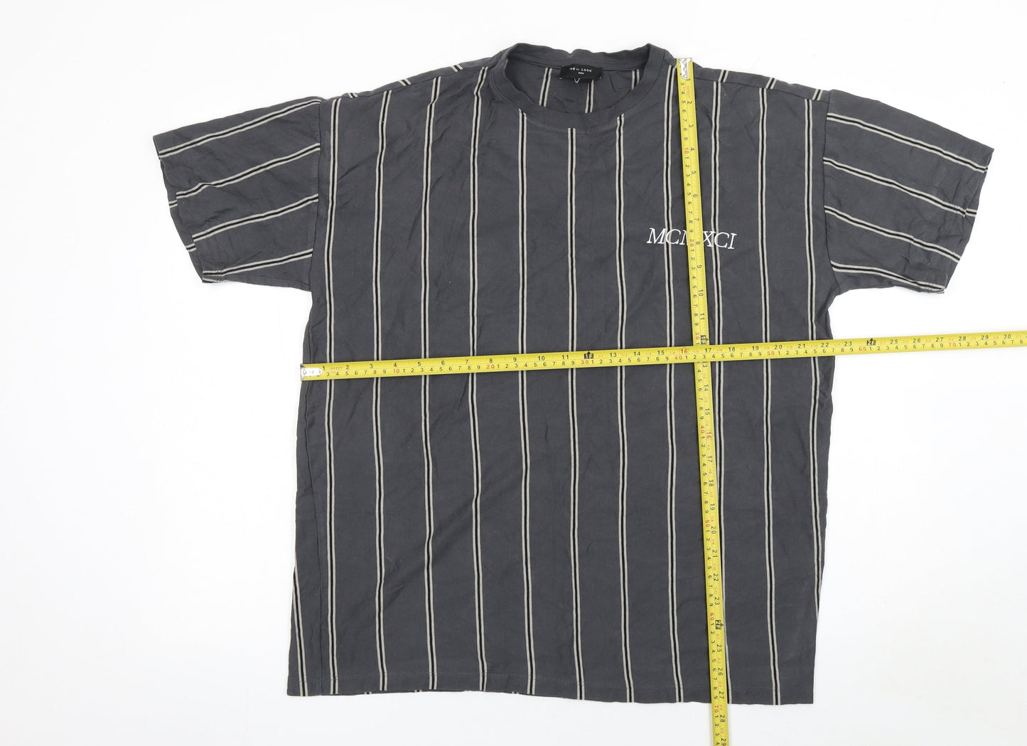 New Look Men’s Black Striped Cotton T-Shirt M Classic Crew Neck