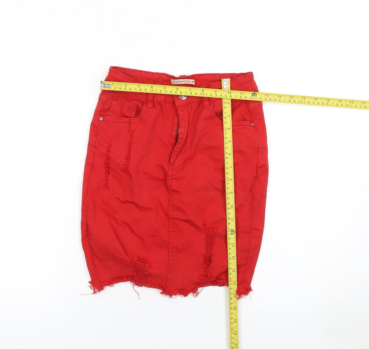 Mybestiny Women's Red Cotton Stretch Denim Pencil Skirt Size 10