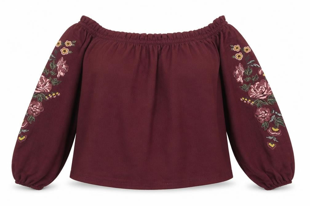 Bershka Womens Red Embroidered Off Shoulder Boho Blouse Size XS