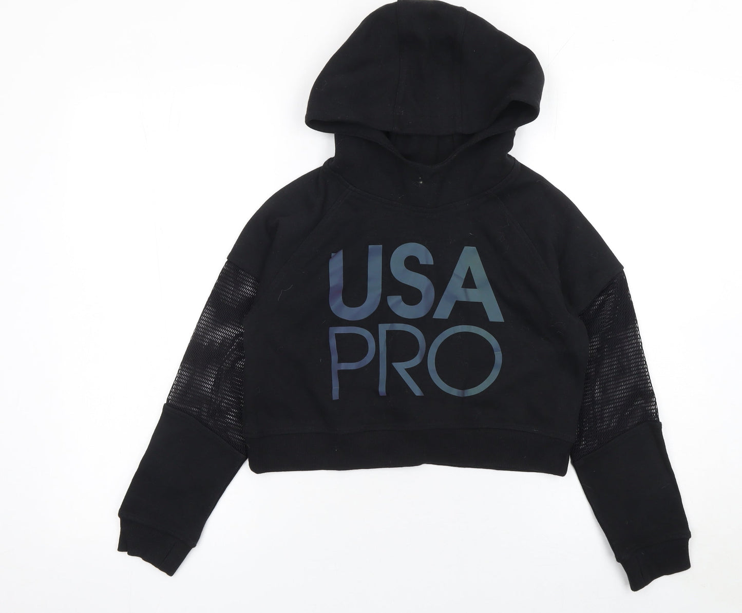 USA Pro Girls Black Cropped Hoodie 11-12 Years Mesh Sleeve Pullover