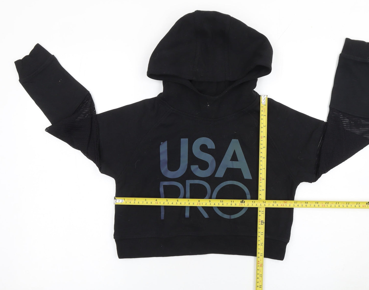 USA Pro Girls Black Cropped Hoodie 11-12 Years Mesh Sleeve Pullover