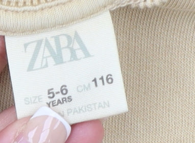 ZARA Girls Beige Cotton Blend Pullover Sweatshirt 5-6 Years Casual Crew Neck