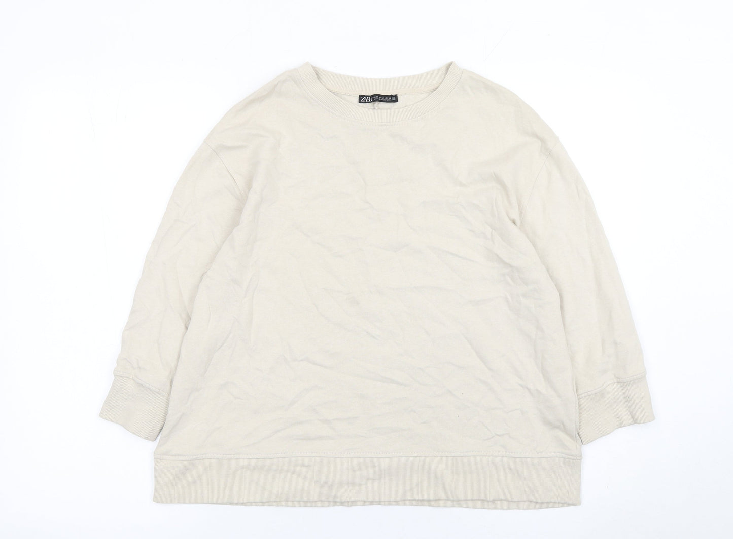Zara Women Beige Cotton Crew Neck Pullover Sweatshirt M