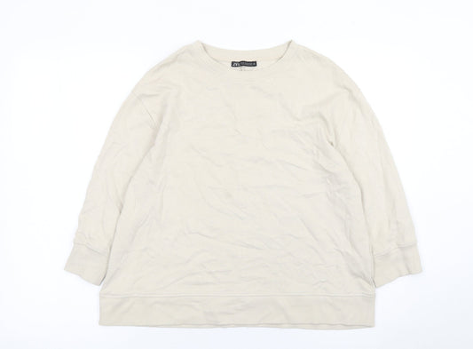 Zara Women Beige Cotton Crew Neck Pullover Sweatshirt M