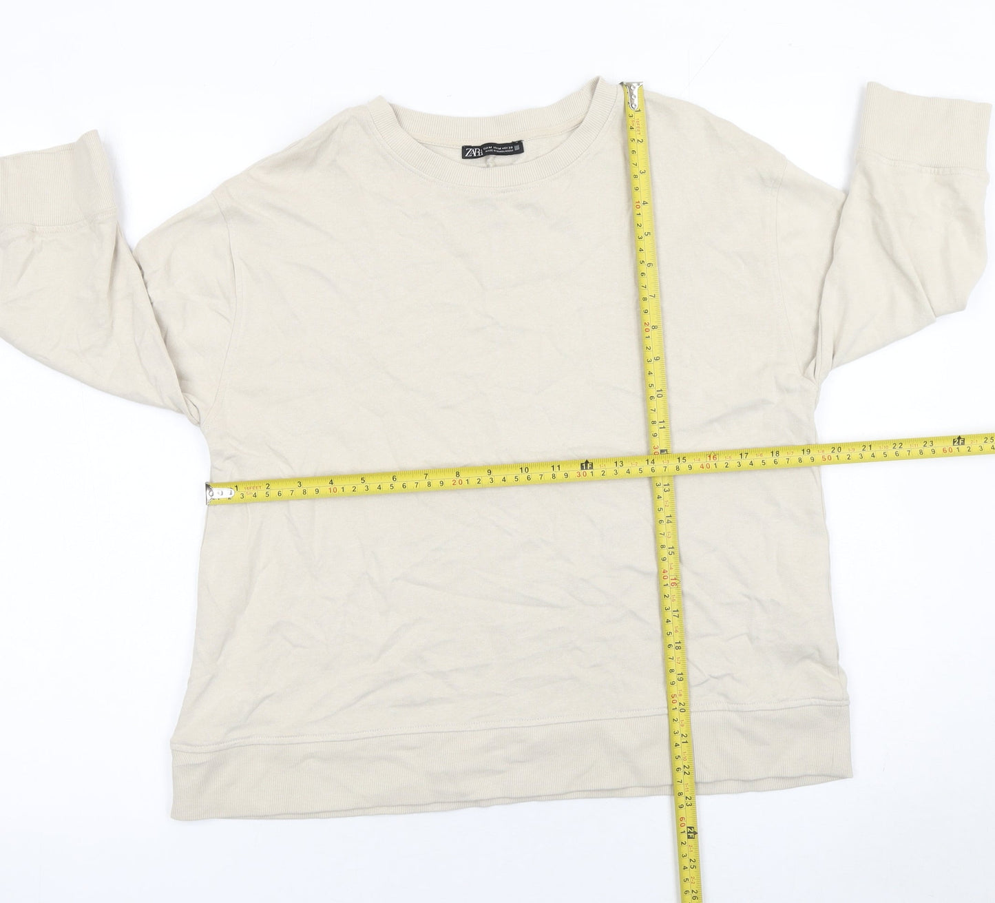 Zara Women Beige Cotton Crew Neck Pullover Sweatshirt M