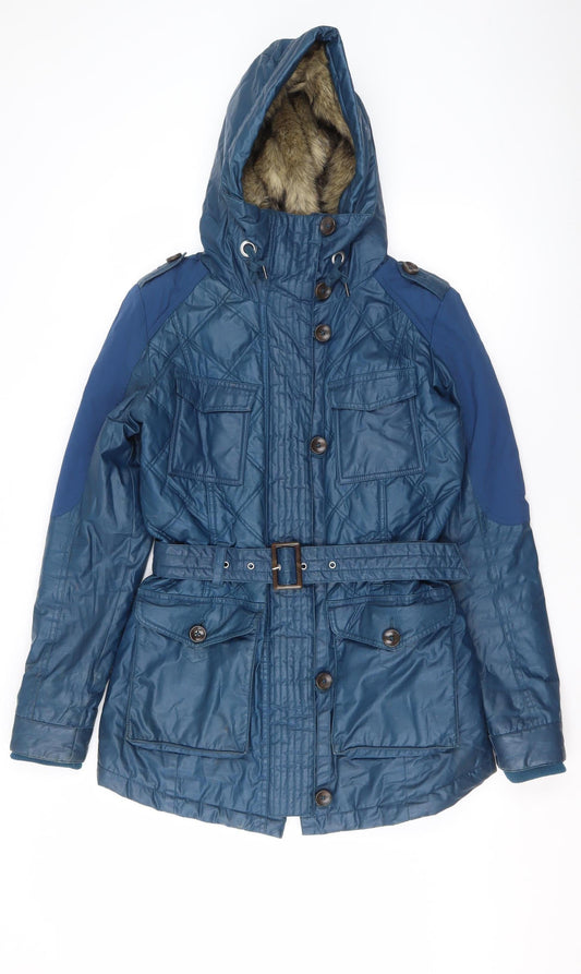 Next Womens Blue Hooded Belted Parka Jacket Size 10