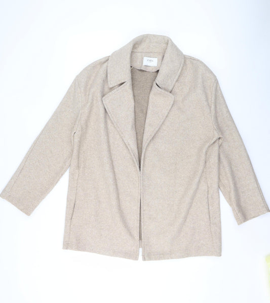 Zara Women Beige Mid-Length Open Front Polyester Coat Size S