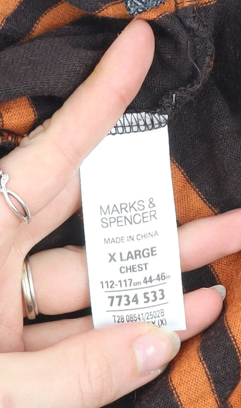 Marks and Spencer Men's Brown Orange Striped Long Sleeve Button-Up Shirt XL