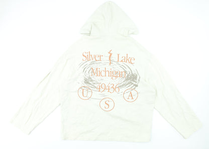 Close-up detail of ASOS DESIGN Men’s Ivory Pullover Hoodie M Graphic Silver Lake USA