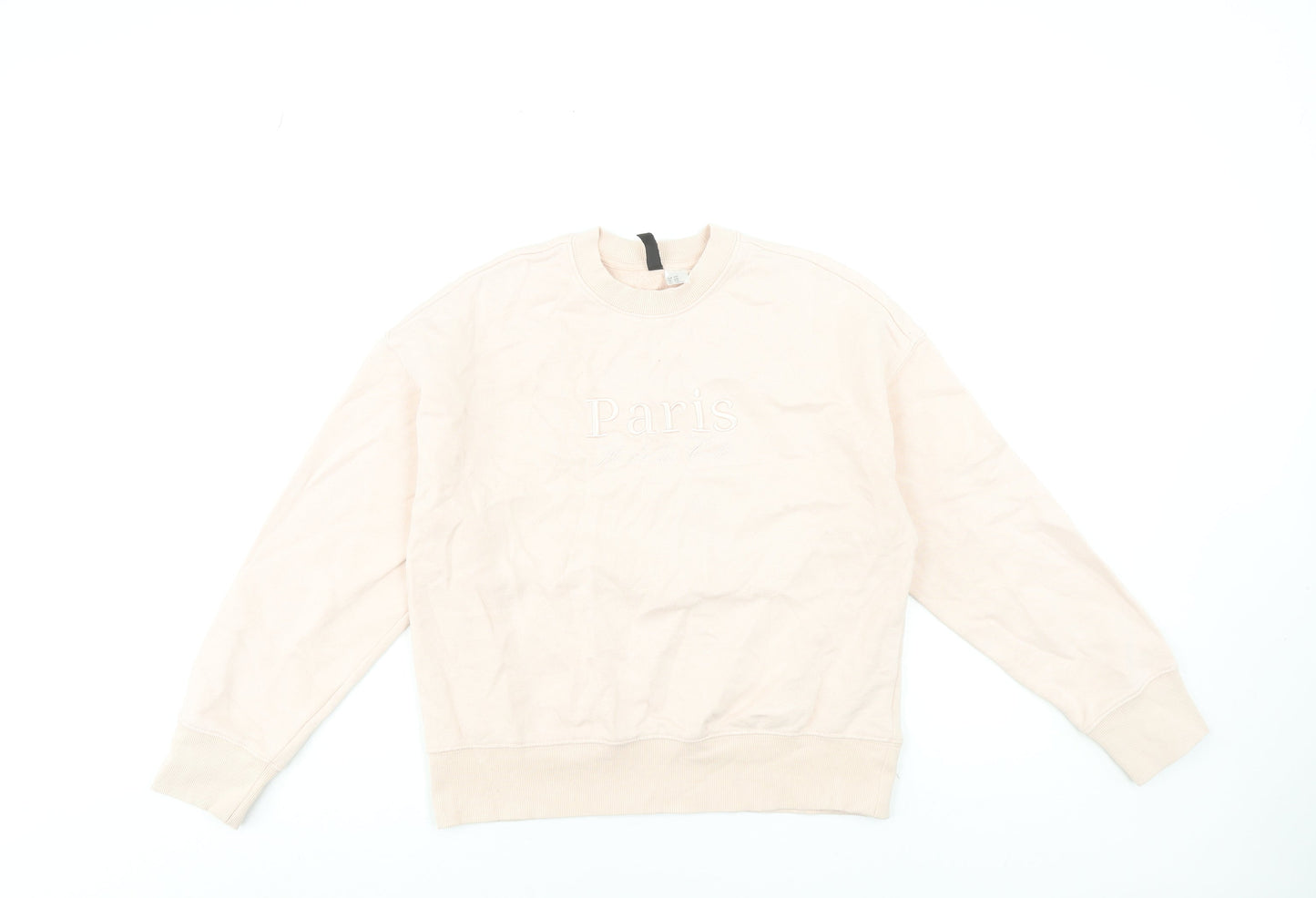 H&M Women Beige Paris Embroidered Pullover Sweatshirt XXS