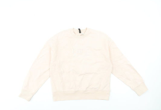 H&M Women Beige Paris Embroidered Pullover Sweatshirt XXS