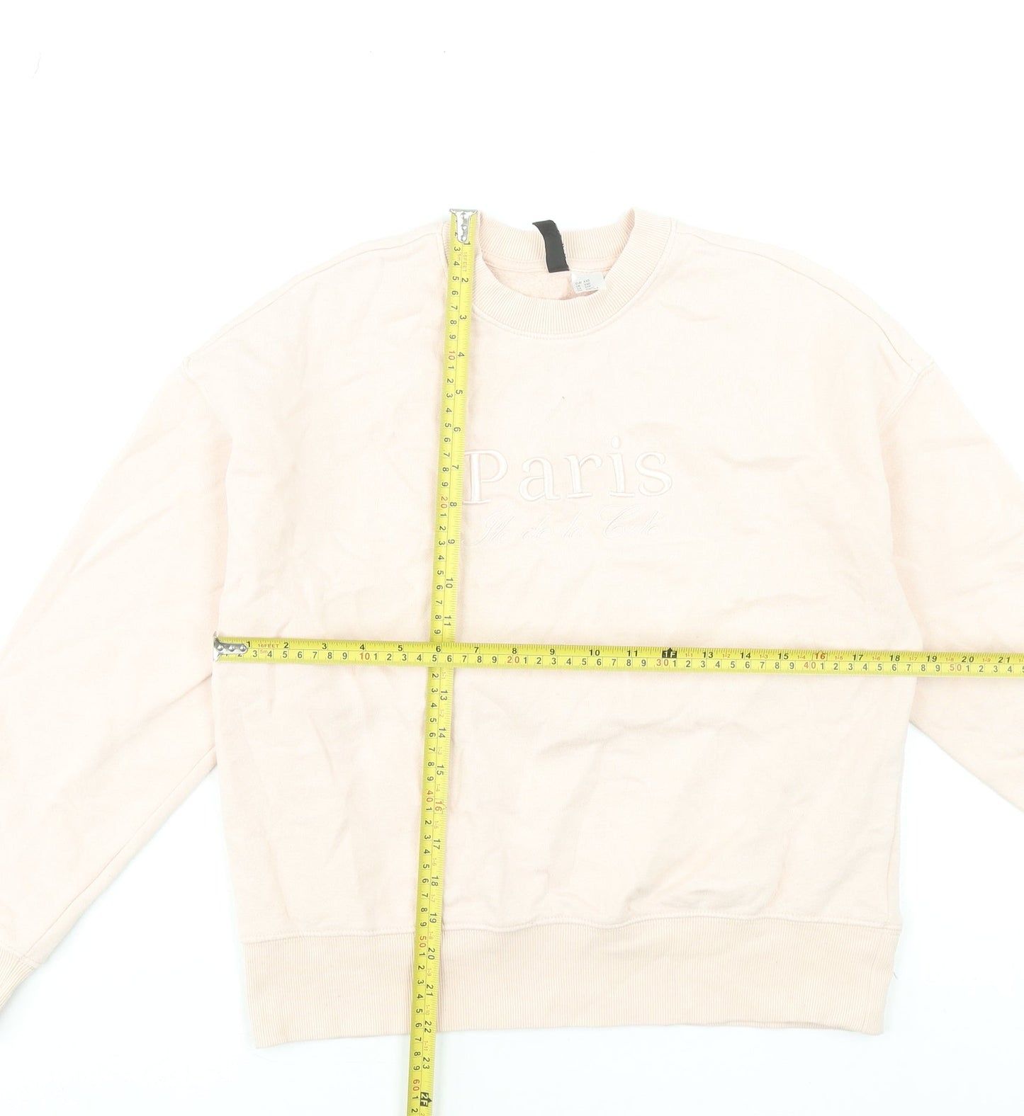 H&M Women Beige Paris Embroidered Pullover Sweatshirt XXS