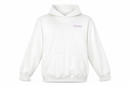 Front view of Playboy x Missguided White Oversized Hoodie Women, size 6, Graphic Print