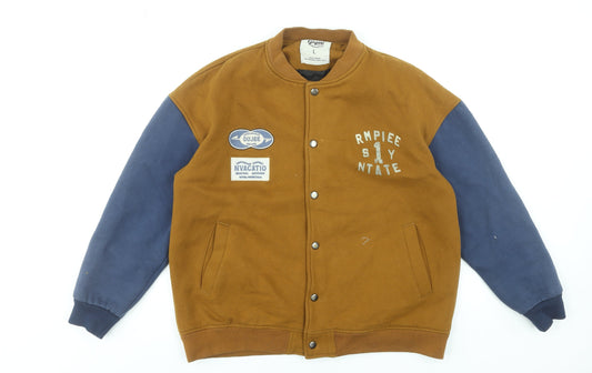 Gujee Men's Brown Varsity Jacket L Collared Cotton Retro Style