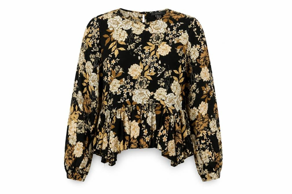 Primark Women's Black Floral Long Sleeve Tunic Blouse Size 8