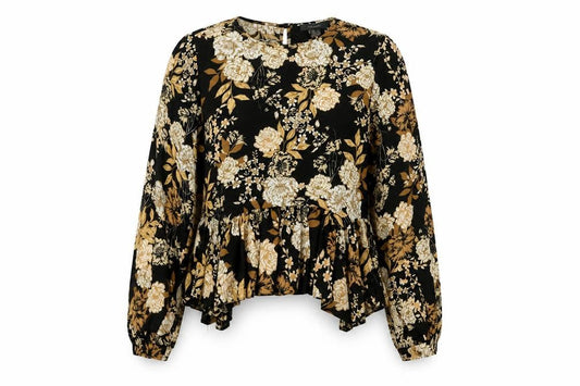 Primark Women's Black Floral Long Sleeve Tunic Blouse Size 8