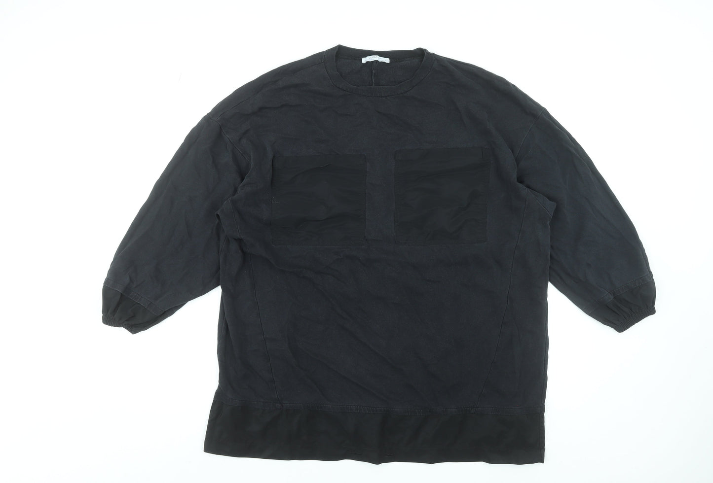 Zara Women Black Basic Cotton Blend 3/4 Sleeve Blouse Size 8